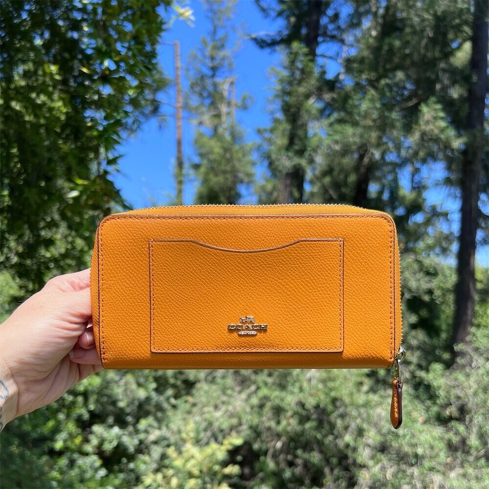 COACH Long Zip-Around Wallet Orange Crossgrain Leather Gold Hardware AUTHENTIC